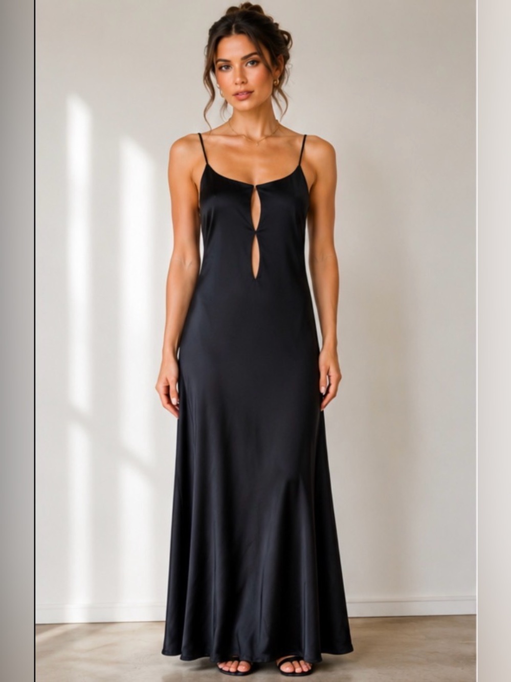 Black Satin Maxi Dress Low Open Back Spaghetti Strap Keyhole Evening Gown